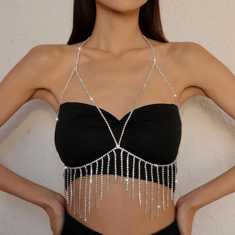 2023 New Fashion Lingerie Jewelry Silver Tassel Rhinestone Chest Sexy Body Chains Hawaii beach bikini Bra Set For Women