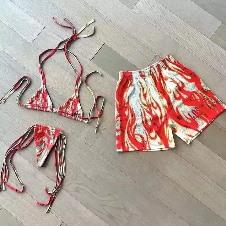 Custom 3 Piece designer matching swimsuits for couples men beach shorts women thong bikini bra set bathing suits for women