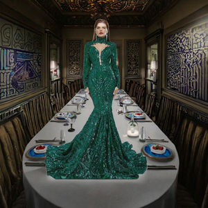 Zümrüt yeşil resmi balo elbisesi Halter kolsuz v yaka mütevazı Bodycon ince kalça doğal aplikler çevre dostu diz boyu elbise - Product Image 3