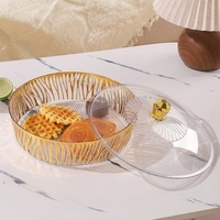 Plateau de service de luxe en plastique transparent rayé avec bordure dorée, durable, de qualité alimentaire, sans BPA, avec couvercle, pour mariage, fruits, bonbons, en-cas
