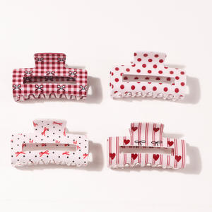 Elegante agarre a cuadros de lunares con dulce forma cuadrada Alentines, pinzas para el cabello de plástico con estampado de corazón rojo - Product Image 2