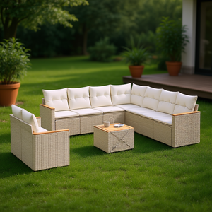 Ensemble de canapés de jardin en rotin beige avec coussins en mousse haute densité, mobilier d'extérieur au design contemporain, résistant à l'eau et aux UV - Product Image 2