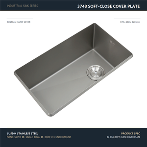 Évier de cuisine à cuve unique 370x480mm en acier inoxydable 304, finition argent nano, avec plaque de couverture à fermeture douce, robinet pliable inclus - Product Image 1