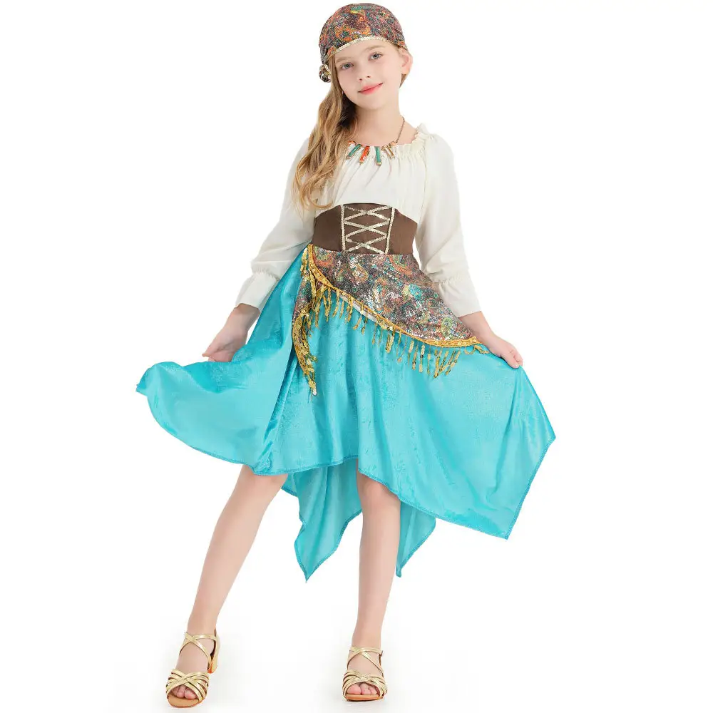 Gaun dansa Flamenco biru desain kustom bertali dan aksesori untuk kostum Halloween anak-anak