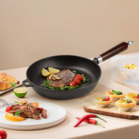 Ustensiles de cuisine européens, poêle en fonte de 24 cm avec manche en bois, revêtement antiadhésif à l'huile végétale de 9,4 pouces, poêle ronde pour la cuisson