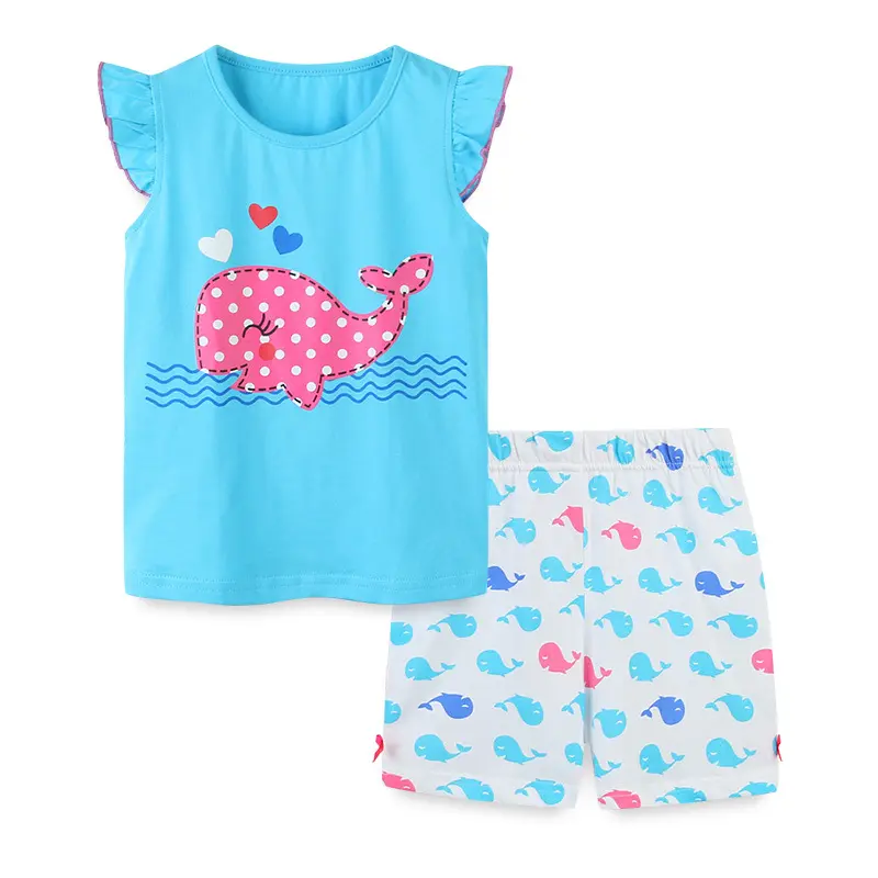 Western Lovely Boutique Wholesale Summer Whale Blue Fly Sleeves Print Round Neck Girls Clothing Short Sets Princess
