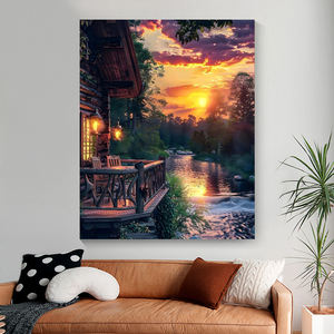 Dipinto Fai-da-Te Personalizzabile con Cabina al Bordo di un Fiume in Montagne Profonde e Foreste, Decorazione Murale e Arredamento Casa - Product Image 2