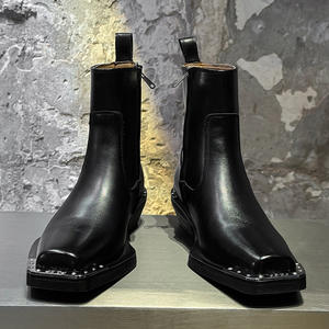 Bottes Chelsea pour hommes en cuir véritable à bout carré et talon haut, style britannique décontracté, toutes saisons, avec fermeture éclair, vente en gros - Product Image 3