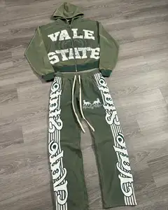 High quality Custom Patch Logo Acid Wash Sun Faded Sweatpants Sweatsuit Distressed Embroidered Hoodie Set