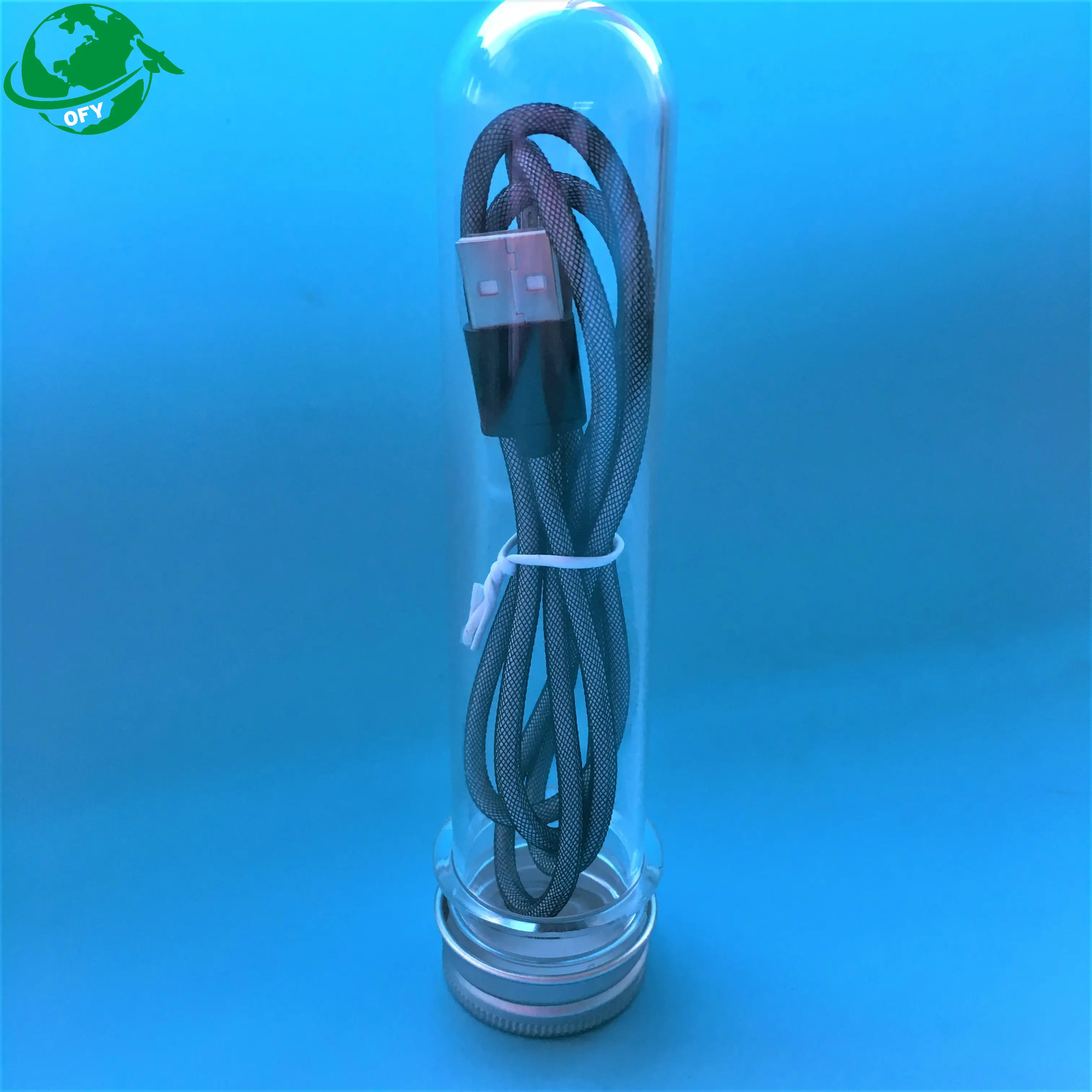 Botellas contenedoras de línea de cable USB de gran tamaño Tubo de ensayo de plástico PET con tapa de aluminio de tornillo