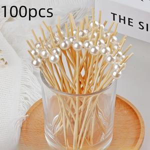 Beaded Fruit Sticks Bamboo Skewers With Pearl 100Pcs Disposable Cocktail Dessert Decoration - Product Image 1