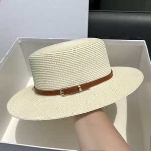 AIGEFMM Straw Wide Brim Flat Top Hat With Leather Belt Sun Protection Summer Beach Women's Retro Style - Product Image 3