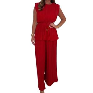Femmes col rond couleur unie haut sans manches <span class=keywords><strong>pantalon</strong></span> droit plissé décontracté 2 pièces ensemble Sehe mode - Product Image 2