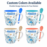 Tasses en céramique souvenirs de Santorin, Grèce, avec motif des monuments de l'île, tasses à café et à lait en céramique avec cuillère, OEM ODM, vente en gros