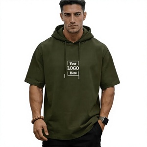 Men's Olive Green Hooded Short Sleeve T-Shirt Regular Fit Casual Cotton Jersey Eco-Friendly 240g Knitted - Product Image 1