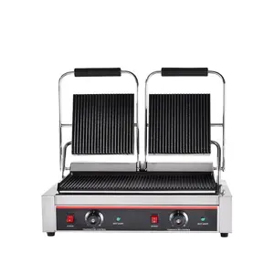 High Quality Snack Food Industrial Double Heads Electric Panini Contact Grill / Sandwich Press Stainless Steel SC Waffle Plates