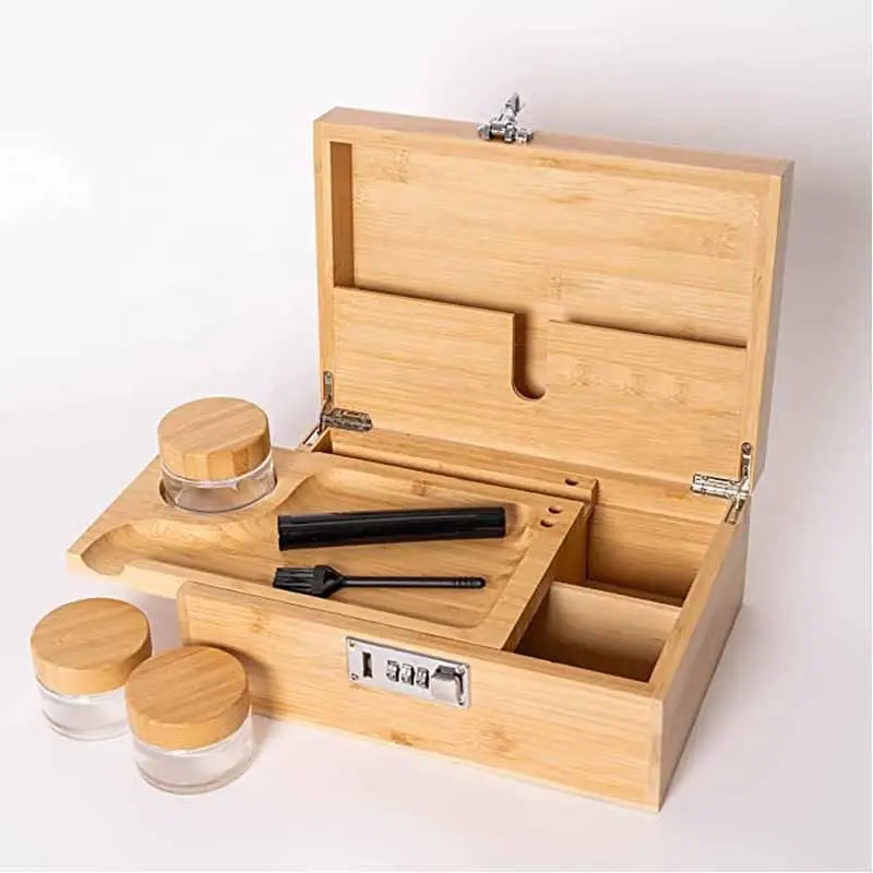 Kotak penyimpanan bambu kayu alami kustom dengan nampan penggulung kit aksesori rokok kotak penyimpanan dengan stoples kaca