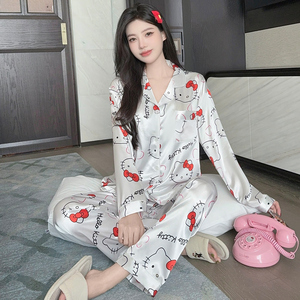 Dễ thương phim hoạt hình in cổ áo của phụ nữ dài tay áo hàng đầu và quần đặt thoải mái áo khoác ngoài Kiểu loungewear - Product Image 5