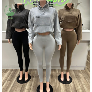 Setelan 2 Potong Hot Cotton Pakaian Wanita Hoodie Polos dan Legging Acid Wash Setelan Jogging Musim Dingin dan Semi untuk Wanita - Product Image 1