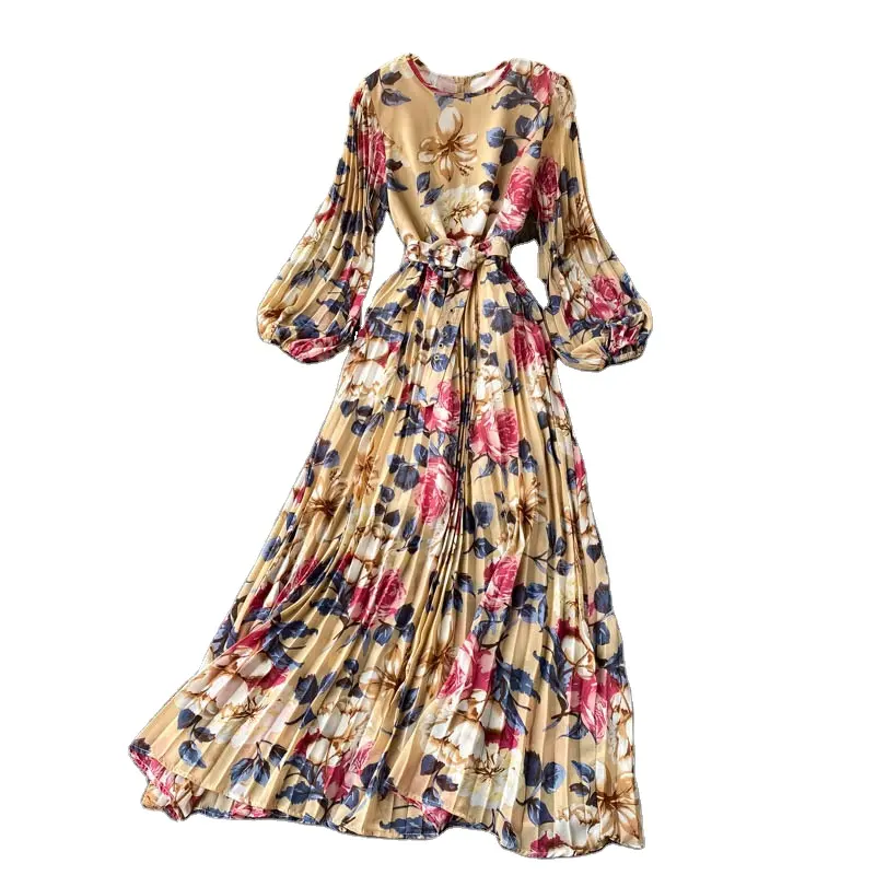Women Fashion Floral Print Crew Neck Midi Long Sleeve Pleated Style Holiday Dress Full Summer Vintage Casual Dresses
