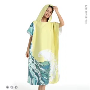 Quick Dry Custom Printed Microfiber Suede Beach Towel Surf Poncho Robe Hooded Diving Cloak Coat