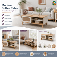 Table basse minimaliste en bois avec tiroir en jute tressé, étagère ouverte et bouton doré – Table basse naturelle