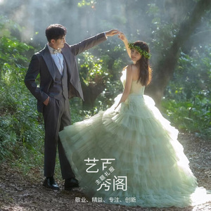 Forest Themed Green Tulle Ball Gown Strapless Empire Waist Wedding Dress For Photography And Portrait Sessions - Product Image 3