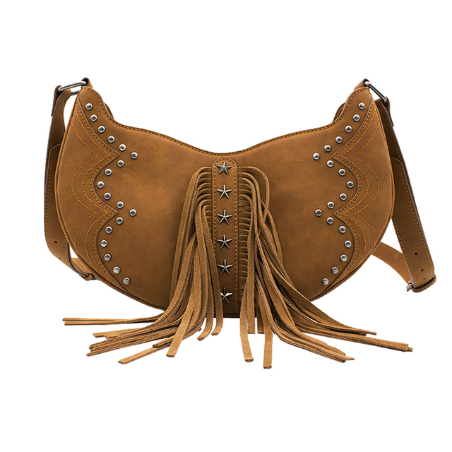Hot Selling PU Fringe Bag Women Tooled Carving Leather Handbag Boho Style Leather Sling Bag