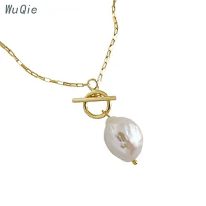 Wuqie 925 Sterling Silver Gold Plated Toggle Clasp Baroque Pearl Necklace Genuine Freshwater Pearl Necklaces for Women