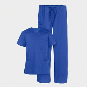 Unisex Blue V Neck <b>Scrub</b> Set Hospital Uniform Spandex/Polyester Woven Fabric Pants Included Seamless Fusing Needle Detection - Product Image 1