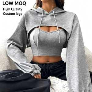 Custom Low MOQ Logo Streetwear Ribbed Crop Top Set and Two Piece Set Shrug Cropped Hoodie Trendy Y2K Tracksuit Women - Product Image 1