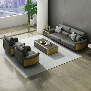 Ensemble de canapés de bureau en cuir de luxe 1+2+3, canapé de réception moderne pour PDG avec table basse, structure en métal doré, mobilier de salle d'attente de bureau - Product Image 5