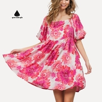 Robe d'été décontractée rose à fleurs pour femme, col carré, manches bouffantes, coupe trapèze légère et fluide, style bohème, direct usine