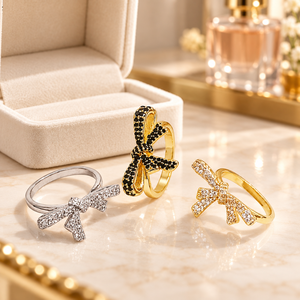 Bague Cocktail Nœud Papillon pour Femme, Zircon Cubique Micro-Pavé, Bague Ajustable Tendance pour Fête et Quotidien, Bijou de Mode - Product Image 3