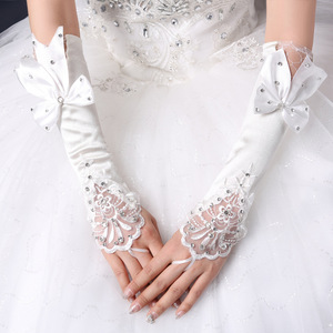 Gants de mariée perlés de <span class=keywords><strong>mariage</strong></span>, gants en satin sans doigts coude nœud papillon mitaines pour fête - Product Image 5