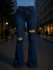 Pantalones vaqueros acampanados de cintura alta para mujer, estilo urbano, negros, desgastados, rasgados, elásticos, de largo completo con abertura - Product Image 2