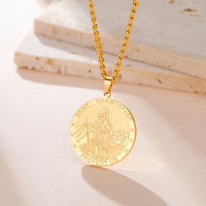 Collier vintage en acier inoxydable avec pendentif religieux Saint Christophe, chaîne à maillons plaquée or, bijou amulette pour femmes et hommes - Product Image 1
