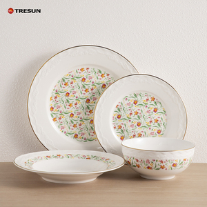 Wholesale Golden Trim Rim Floral Design oem 16 pieces Custom Ceramic <b>Dinnerware</b> Dinner Set Custom Plate Set - Product Image 1