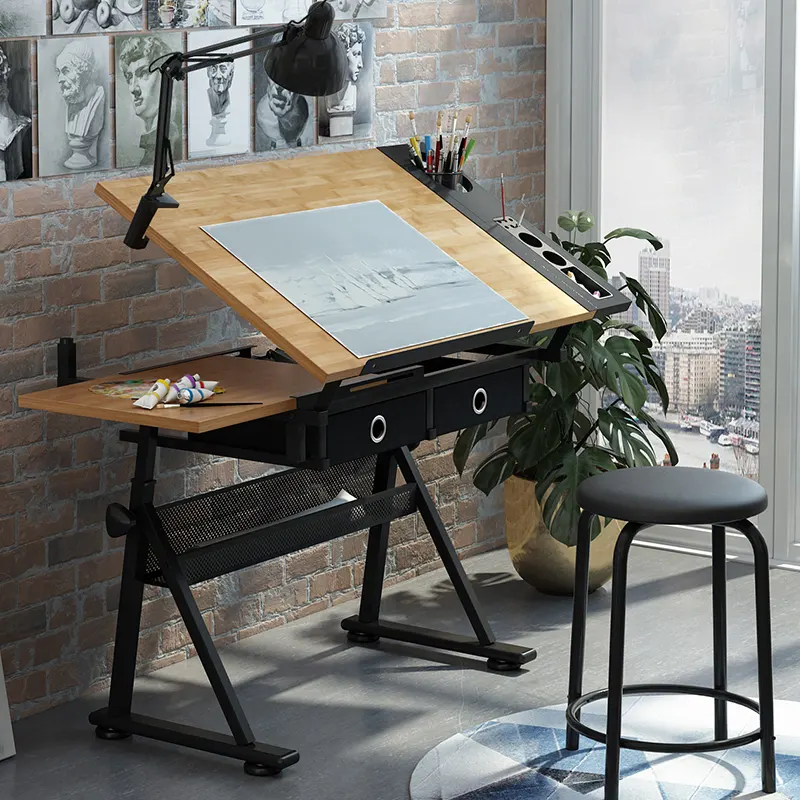 Adjustable Height Engineering Tiltable Drafting Desk Architecture Drawing Table With Drawer