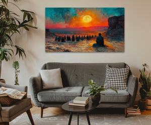 Venta al por mayor dunas de arena modernas puesta de sol sentado en el desierto aventura caminar estilo árabe lienzo impresiones artísticas para proyectos de hotel - Product Image 2