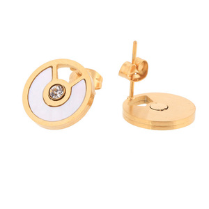 <b>Stud</b> <b>Earrings</b> 14MM Round Gold Shell Inlaid Bezel Setting Geometric Design Women's Fashion Jewelry - Product Image 5