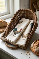 Serviettes de cuisine 100% coton, style rustique, motif coq gravé, bordure gingham, 40x60cm