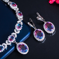 Elegante Juego de Collar y Aretes de Cristal de Circonita Cúbica con Forma de Hoja Ovalada Arcoíris Místico para Mujer, Joyería para Fiesta de Noche, Regalo