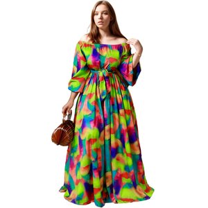 C0608ME1 Off Shoulder Tie Dye Maxi Dress with Belt Sehe Fashion Women C0608ME1 African Popular Plus Size Casual Dresses Natural