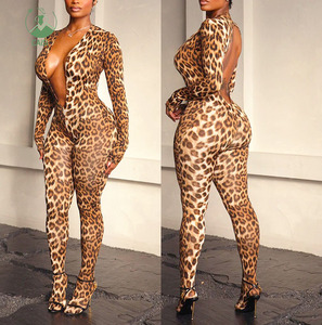 Monos ajustados con <span class=keywords><strong>estampado</strong></span> de leopardo para mujer, con cuello en V profundo y mangas largas - Product Image 2
