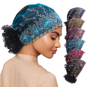 Chapeau turban en dentelle à fleurs pour femmes, couvre-chef musulman islamique, turban africain en perles, couvre-chef doux et extensible - Product Image 1