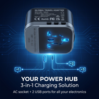 Adaptador de Viaje Universal con Enchufe Retráctil, USB Tipo C PD 20W, Carga Rápida, Resistente al Fuego, Certificado CE, RoHS, FCC, UKCA, para Reino Unido, UE, EE. UU., Australia