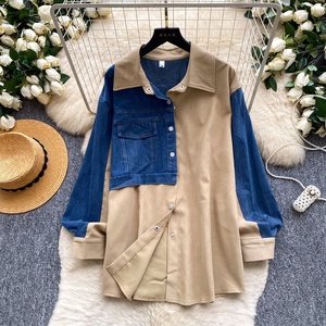 Atasan Denim Wanita Gaya Korea Baru Asimetris, Blus Wanita Model Sambung Berkerah, Kemeja Fashion - Product Image 3