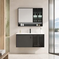 Ensemble de meubles de salle de bain modernes, armoire murale en aluminium noir nid d'abeille avec lavabo simple, portes transparentes doubles, miroir, rangement