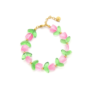 Fashion <b>Beaded</b> <b>Bracelet</b> Pink Green Acrylic Flowers <b>Gold</b> Plated Clasp Sustainable Resistant 316L Stainless Steel - Product Image 2